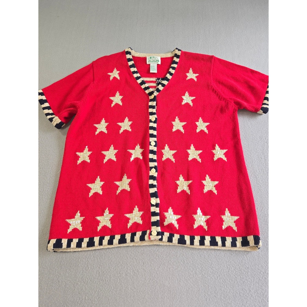 The Quacker Factory Cardigan Sweater Womens Large Red‎ Americana Stars Stripes L